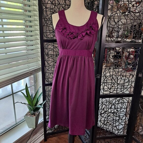 Ann Taylor Loft Size 6 Purple Sleeveless Ruffle Neck Tie Waist Dress EUC - Picture 2 of 13